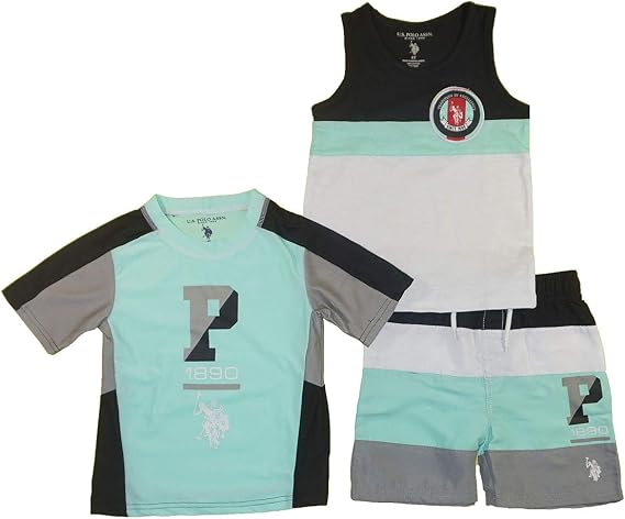 U.S. Polo Assn. Boys' 3-Piece Swimsuit Trunk and Rashguard (Mint, 4T)