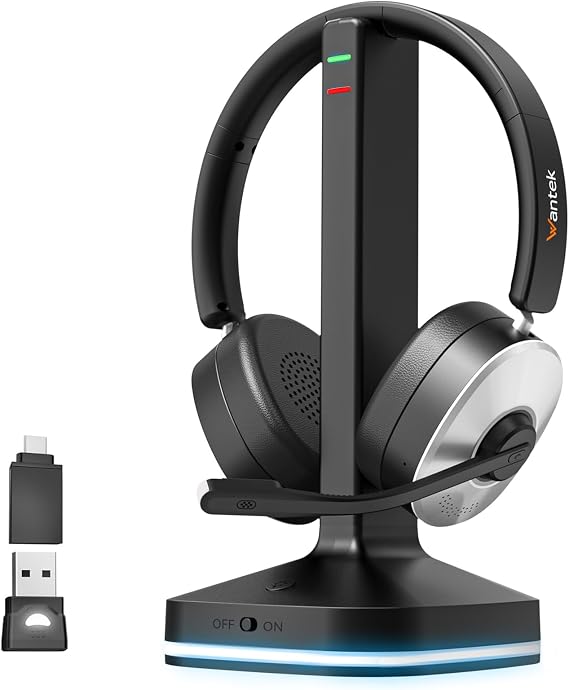 Wantek Wireless Headset with Microphone,Bluetooth Headset for PC Laptop,Noise Cancelling Microphone,Usb dongle,Mute Button & Charging Dock for Call Centre,Teams,Zoom & Home Office