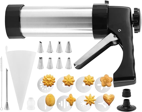 Churro Maker Machine Churrera and Piping Bag Churros Filler, Stainless Steel Churros Gu-n Kit with 8 Decorating Tips, 8 Cookie Discs, Cookie Maker Machine(Black+Silver)