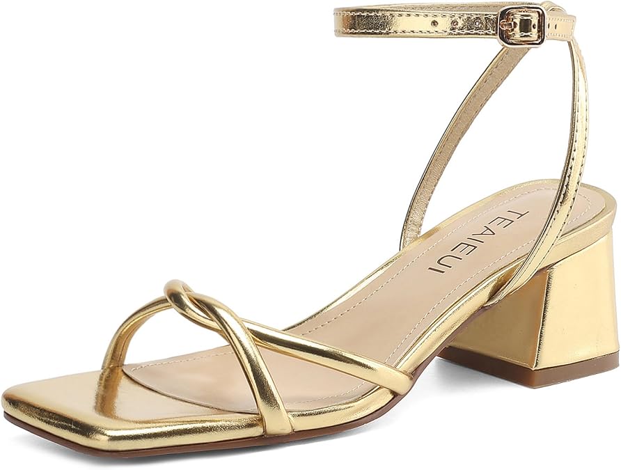 TEAIEUI Chunky Heels for Women, Square Toe Strappy Heeled Sandals, 2 Inch