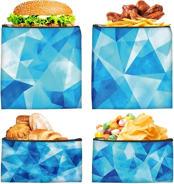 4Pcs 2 Sizes Cloth Snack and Sandwich Bags Sandwich Pouch Reusable Blue Geometric Pattern Food Safety Washable Fabric Zipper Pouches for Travel Picnic Office Outdoor Activities Everyday Use