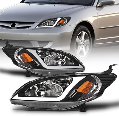 Stehlen 642167827313 Compatible With 2004-2005 Honda Civic 4 Door Sedan  2 Door Coupe DRL LED Strip Bar Headlights With Signal Amber - Black