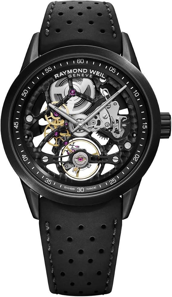 RAYMOND WEIL Freelancer Men's Calibre RW1212 Skeleton Automatic Watch - 42 mm, Stainless Steel with Black PVD Coating, Black Rubber Strap, Open-Worked Black Dial (2785-BKR-20000)