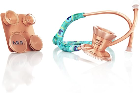 MDF Instruments Peacock Rose Gold ProCardial Cardiology Stethoscope + MDF Pediatric and Neonatal Attachments with Clip