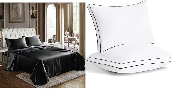 CozyLux Satin Sheets Queen Size Black 4 Piece Sheet Set Bundle Gusseted Bedding Pillows Set of 2