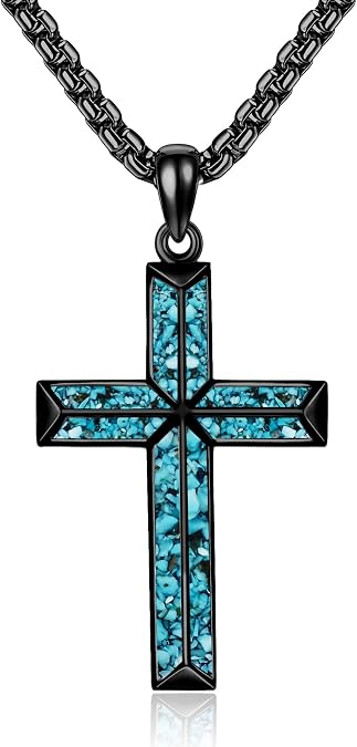 Wooden Cross Necklace 925 Sterling Silver Wood Turquoise Black Cross Crucifix Pendant Necklace Religious Protection Valentine's Day Jewelry For Men Christian