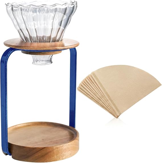 SOTECH Pour Over Coffee Maker Set with Black Gooseneck Kettle Wooden Filter Holder Coffee Dripper Glass Server with Paper Coffee Filters,DIY Manual Coffee Maker Set (Maker Stand Blue)