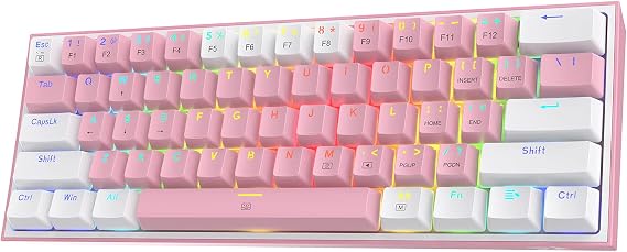 Redragon K617 60% Wired RGB Gaming Keyboard, 61 Keys Compact Mechanical Keyboard w/White & Pink Mixed-Colored Keycaps, Linear Red Switch, Pro Driver Support