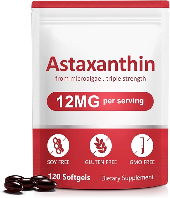Astaxanthin Supplements, Astaxanthin 12mg, 120 Softgels Antioxidant Astaxantina Supplement for Eye, Skin, Joint & Immune Health, Supports Internal Circulation & Heart Health, Non-GMO & No Gluten