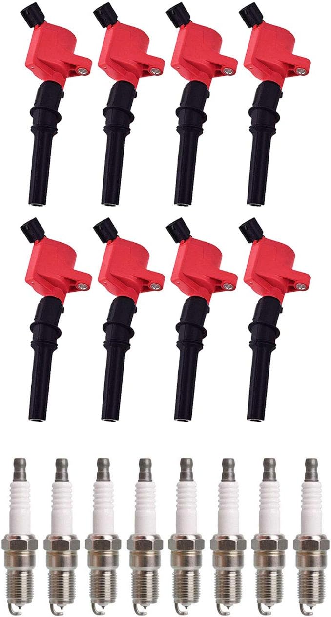 ENA Set of 10 Red Ignition Coil Pack and Iridium Spark Plug Compatible with Ford Lincoln Mercury Crown Victoria E150 E250 Expedition Explorer F150 Mountaineer 4.6L Replacement for FD503 SP493