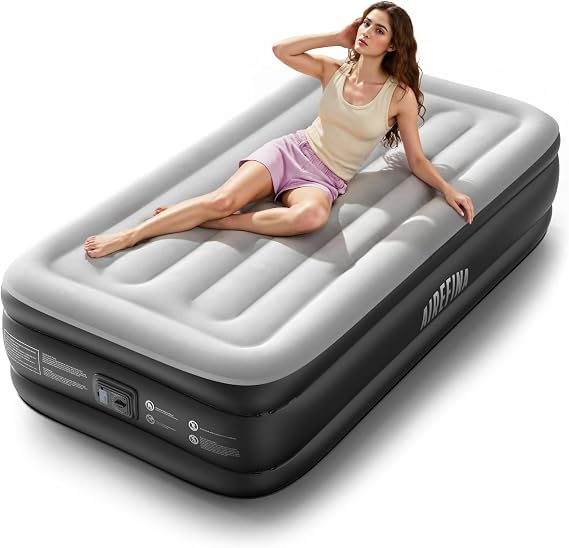 Airefina Twin Air Mattress with Built-in Pump, Upgraded 18" Raised Blow Up Air Bed, Fast 2-Min Self-Inflation, Comfortable Inflatable Mattress for Home Guest & Camping, Incl. Carry Bag & Repair Kit