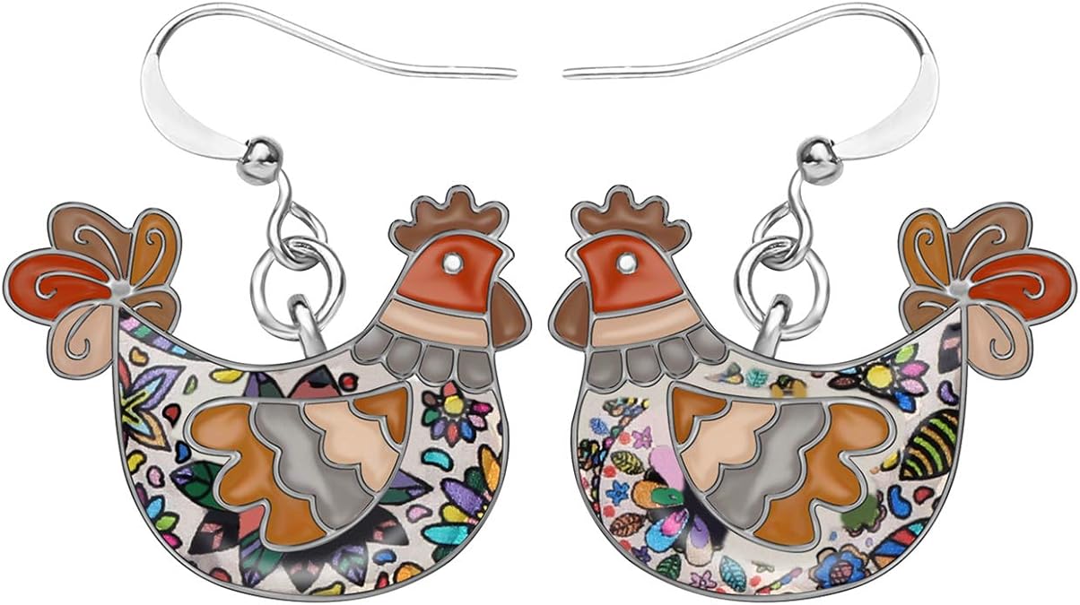 NEWEI Cute Enamel Hen Rooster Chicken Earrings Dangle Farm Animal Jewelry For Women Chicken Gift Charms