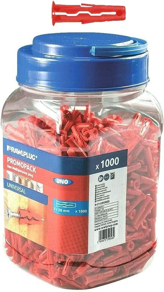 Rawlplug Uno Universal Screws and Wall Plugs Set 6 mm RED | Screws and Rawl Plugs for Plasterboard Masonry Brick Concrete | Solid Wall Plug Anti Rotation Features | Plasterboard Fixings Jar of 500