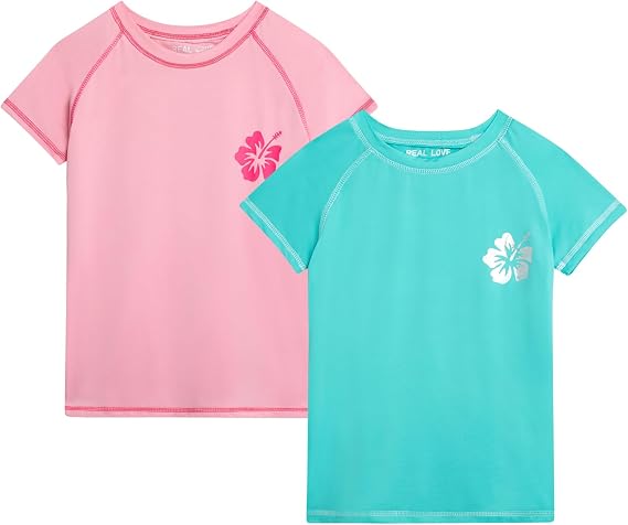 Real Love Girls 2 Pack Short Sleeve Rash Guard Swim Shirts Sun Protection