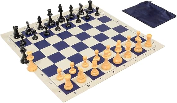 Quality Club & School Chess Set Combo with Plastic Chess Pieces, Roll Up Vinyl Chess Board and Bag - Blue