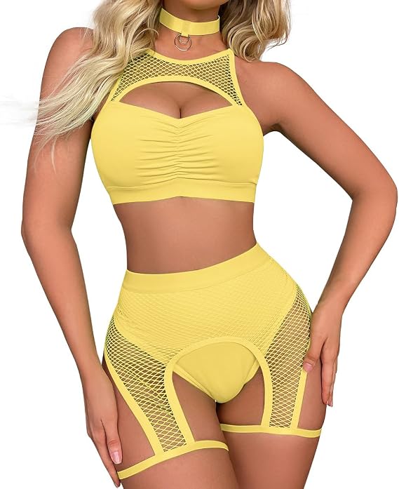Women Rave Outfits Cutout Fishnet Top Booty Shorts Bottom Choker 3Pcs Babydoll Nightwear Festival Lingerie