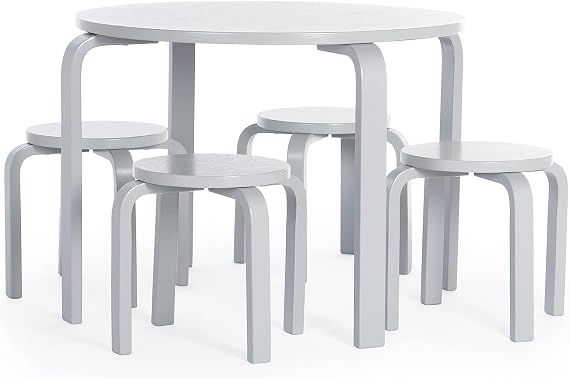 Guidecraft Nordic Table and Stools Set for Toddlers: Gray - Stacking Bentwood Stools with Curved Wood Activity Play Table - Toddler's Modern Kitchen, Playroom and Classroom Furniture
