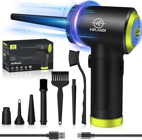 Compressed Air Duster, 3-Speed Cordless Electric Air Duster with LED Light, 100,000 RPM Air Blower, 6000mAh Rechargeable Battery, 7-Piece Accessory Set