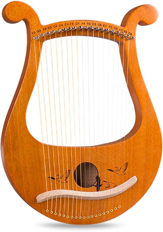 19 Strings Lyre Harp, Solid Wood Mahogany Lyre Instrument with Tuning Wrench and Spare Strings Solid Wood Mahogany Body Carved Phonetic Symbols (Style 2)