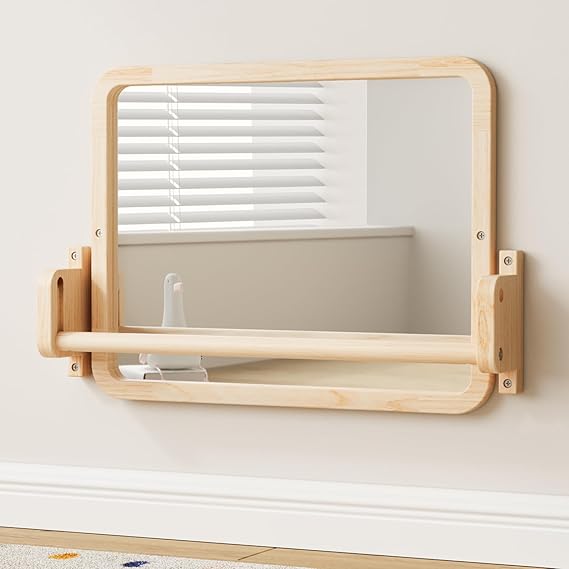 Woodtoe Montessori Mirror with Bar, Adjustable Baby Pull to Stand Toys 6M+