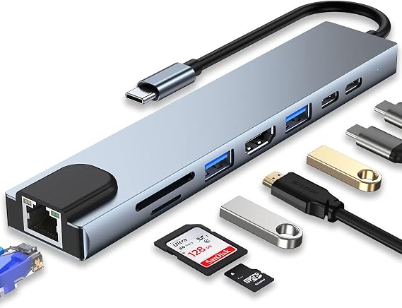 HUB, 8'i 1 arada adaptör, 4K HDMI, Type C 100W PD, USB C bağlantı noktası, USB 3.0, RJ45 Ethernet, SD/TF kartları, yerleştirme istasyonu, MacBook Pro/Air dizüstü bilgisayar ve diğer cihazlarla uyumlu