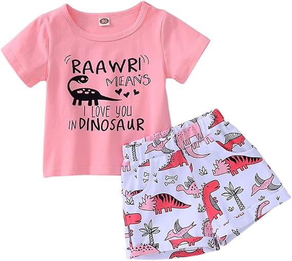 BOUTIKOME Toddler Baby Girls Boys Summer Shorts Set Dinosaur Short Sleeve T-Shirt Pants 2pcs Casual Clothes Outfits