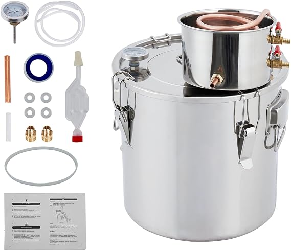 10 Gal Stainless Steel Alcohol Distiller Kit - Professional 2 Pots & Copper Tube for Home Brewing, Whiskey/Brandy Making, Includes Thermometer & Water Pump