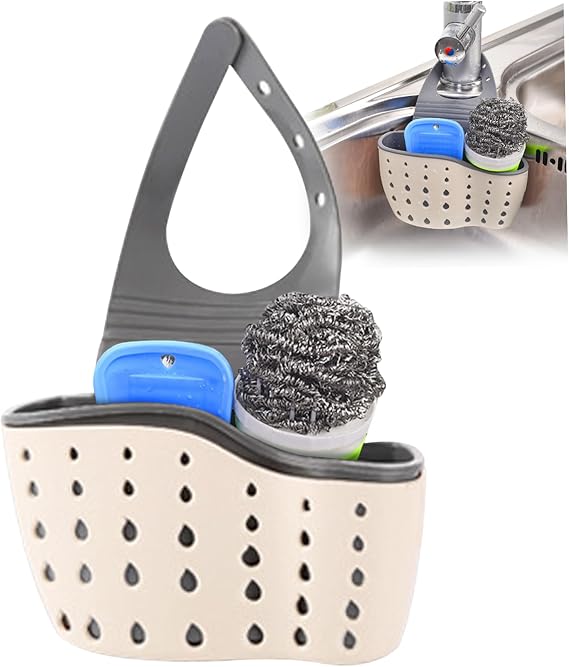 Kitchen Sink Caddy Standing or Hanging Sponge Holder with Ajustable Strap Plastic Faucet Caddy Basket with Drain Holes for Drying, Usage en cuisine