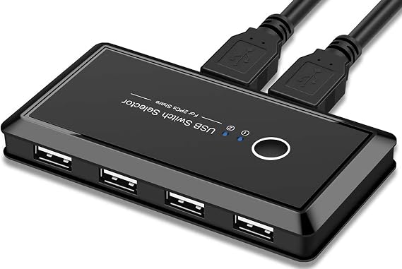 USB Switcher Selector, 4 Port 2 Computers USB 2.0 Peripheral Switcher Adapter Hub for PC Printer Scanner Mouse Keyboard with One Button Switch