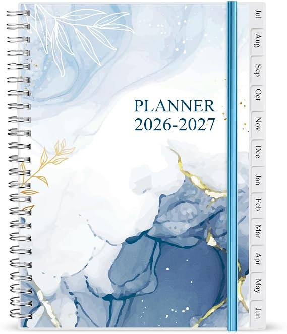 2026-2027 Diary/Planner, July 2026 - June 2027, A5 Weekly Monthly Planner with 12 Monthly Tabs, Back Pocket, Planner 2026-2027 with Elastic Closure, Flexible Cover, 14.8×21cm, Blue Watercolor