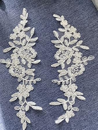 A104 Lace Applique ONE Pairs, Color: White, Size: 10" L X 3" W, Embroidered Appliques,Lace Patches for Wedding Dress, DIY Clothing, Bridal Veil Decoration