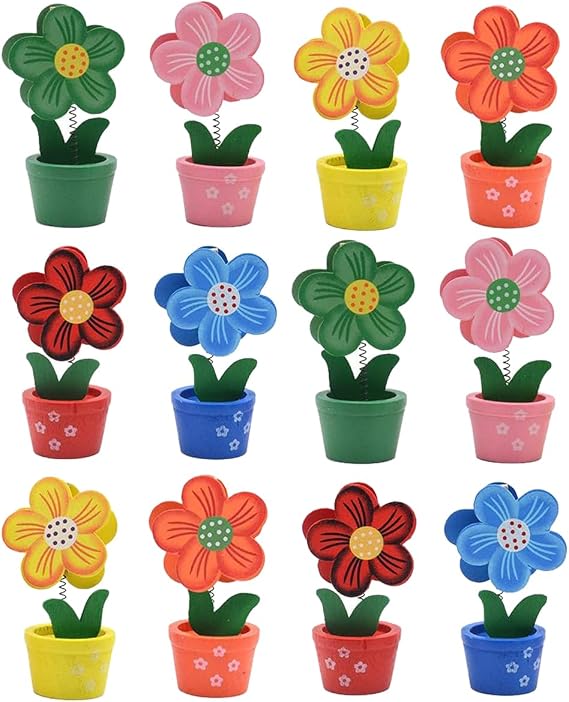 Creative Wooden Base Photo Holder - Cartoon Flower Pot Table Name Number Holder Party Decoration Card Holders Picture Memo Note Photo Clip Holder (12 Pack)