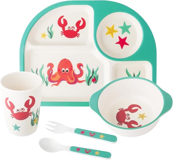 Melamine Kids Dinnerware Set,5Pcs Toddler Dinnerware Set,Baby Dishes Dinnerware Sets with Plate,Bowl,Cup,Fork and Spoon