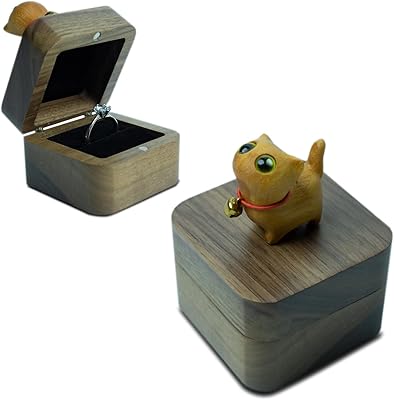 Hand-Carved Cat Wooden Ring Box - Magnetic Closure Wedding & Engagement Jewelry Gift Box Yellow Cat