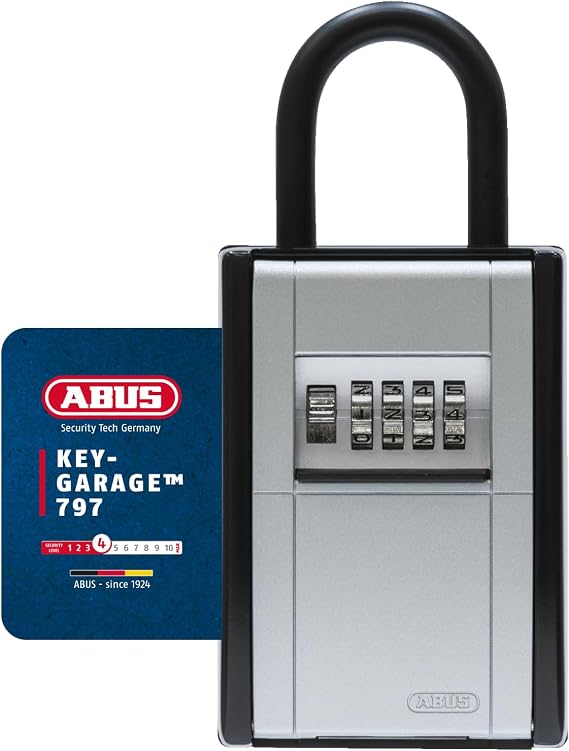 ABUS KeyGarage 797 Portable Key Lock Box with Shackle, 4-Digit Combination Key Safe, Holds Up to 20 Keys, Metal Key Storage Box for Home, Rental & Business, Black/Silver