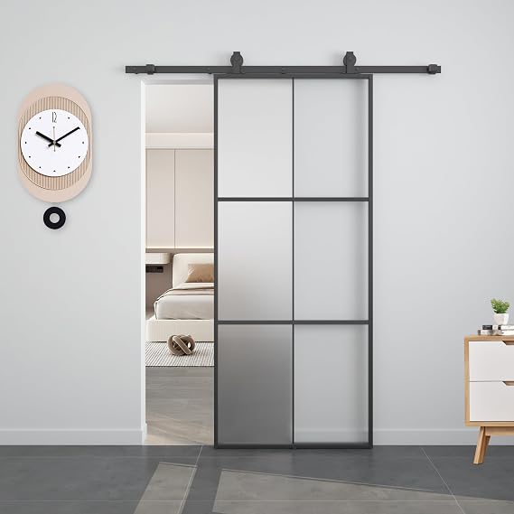 BARNSMITH 36in x 84in Glass Barn Door with 6FT Hardware Included, Aluminum Alloy Frame Frosted Tempered Glass, 6-Lite Lightweight Sliding Barn Door, Easy Assembly