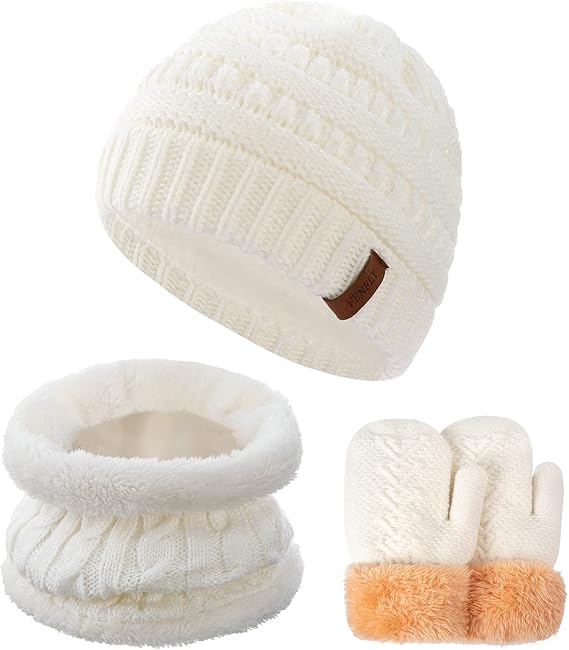 3Pcs Kids Winter Beanie Hat Scarf Gloves Set for 2-6-10-14 Years Old Boys Girls, Knit Thick Warm Fleece Lined Thermal Sets