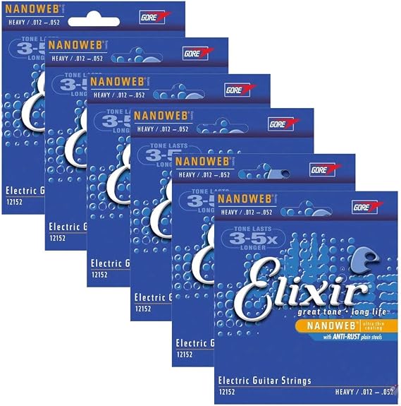Elixir Electric Nanoweb Heavy 12152 12-52 Electric Guitar Strings 6-Pack w/Bonus Elixir Polishing Cloth