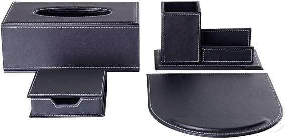 KINGFOM™ 4pcs Office Desk Organiser Set - Including Tissue Box, Mouse Mat,Memo Holder,Pen Holder with Business Card Holder Stand (T11-4-Black)