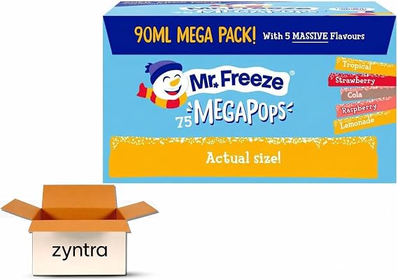 Mr Freeze Mega Pops Assorted Flavours 75x90ml -Lemonade, Raspberry, Cola, Strawberry & Tropical Flavors - Perfect for Parties & Kids Refreshing Ice Pops for Summer Fun - Bulk Pack of 75 ice pops