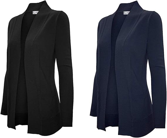 Cielo Women's Solid Basic Open Front Pockets Knit Sweater Cardigan (Medium, Black/Navy)