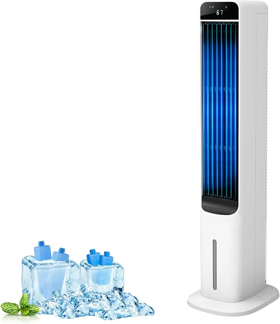 Evaporative Air Cooler - 41" Portable Cooling Fan Swamp Cooler with 4 Ice Packs and Remote, Quiet Bladeless Tower Fan Blow Cold Air, 120 Oscillation 3 Speeds 3 Modes, for Bedroom Home Office
