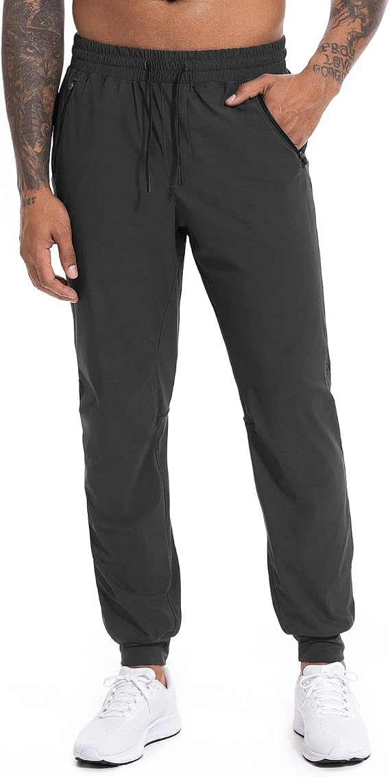 Moosehill Mens Workout Pants: Tapered Joggers with Zipper Pockets