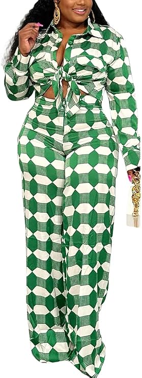 2 Piece Outfits for Women Sexy V Neck Print Shirts Tie Knot Batwing Blouses Crop Top Wide Leg Pants Set