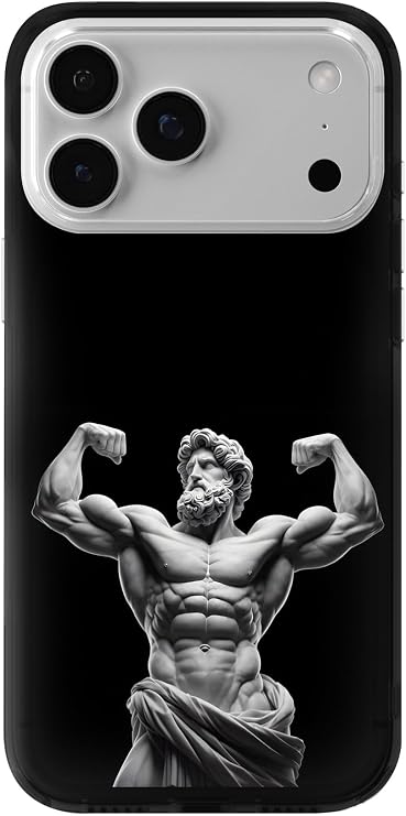 iPhone 17 Pro Max ile Uyumlu Antik Heykel Kaslı Tanrı Desenli Şeffaf Telefon Kılıfı