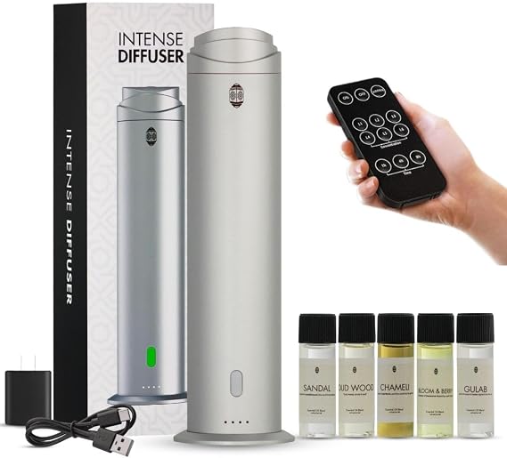 Intense Oud Waterless Diffuser 120ML Essential Oil Diffuser & Aromatherapy Diffuser for Rooms up to 1000 Sq Ft, Ultra-Quiet Scent Air Machine with Remote, Timer & 5 Scent Kit Matte Silver Aluminum