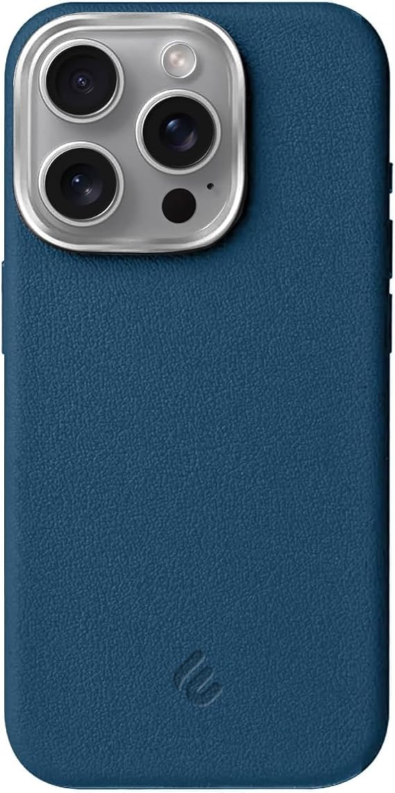 Minesk iPhone 15 için MagSafe ile Uyumlu Çizilmeyen ve Parmak İzi Tutmayan Deri Görünümlü Metal Tuşlu ve Metal Lens Çerçeveli Hybrid Silikon Kılıf (Mavi, 15)