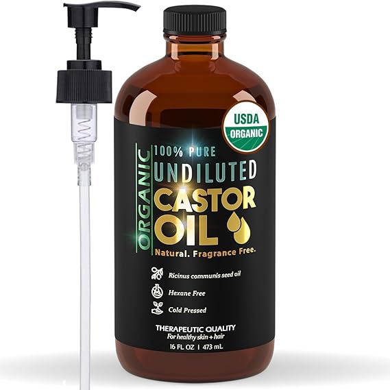 Organic Castor Oil for Skin Hydration - Therapeutic Cold Pressed, USDA Certified 100% Pure, Glass Bottle - 16 oz Unrefined, Hexane Free, Castor Oil for Hair & Eyelashes Growth