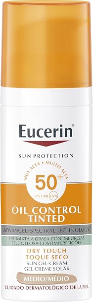Eucerin Sun Face Oil Control SPF 50+ with Medium Tone Color (50ml), 50+ Face Sun Protection with UVA/UVB Filters, Suncream for Oily & Acne Prone Skin, Color & Mattifying Sun Cream
