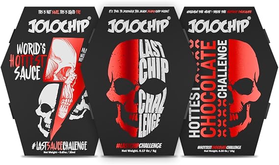 JOLOCHIP Extreme Spice Challenge Combo Pack - Last Chip Challenge 5g + Hottest Chocolate 10g + World's Hottest Sauce 20ml